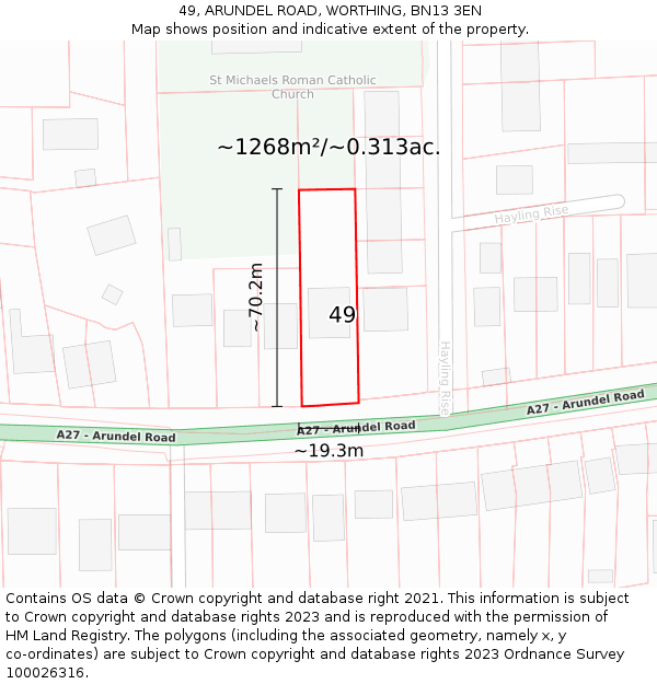 49, ARUNDEL ROAD, WORTHING, BN13 3EN: Plot and title map