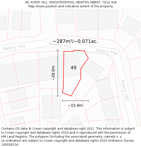 49, AVERY HILL, KINGSTEIGNTON, NEWTON ABBOT, TQ12 3LB: Plot and title map