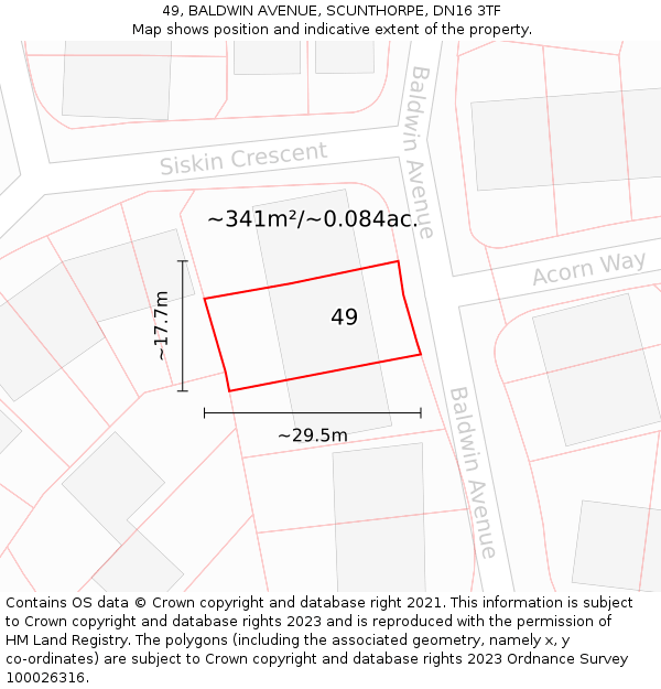 49, BALDWIN AVENUE, SCUNTHORPE, DN16 3TF: Plot and title map
