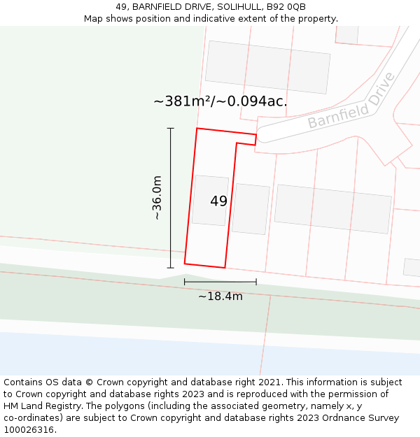 49, BARNFIELD DRIVE, SOLIHULL, B92 0QB: Plot and title map