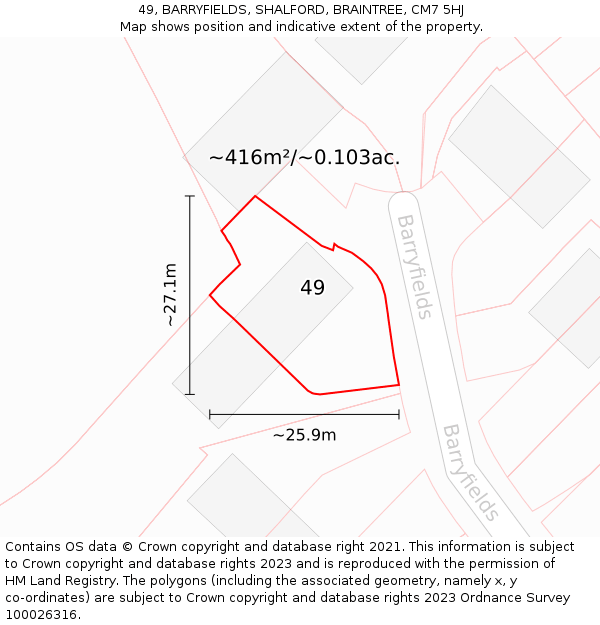49, BARRYFIELDS, SHALFORD, BRAINTREE, CM7 5HJ: Plot and title map