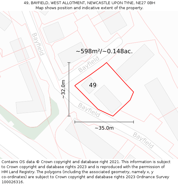 49, BAYFIELD, WEST ALLOTMENT, NEWCASTLE UPON TYNE, NE27 0BH: Plot and title map
