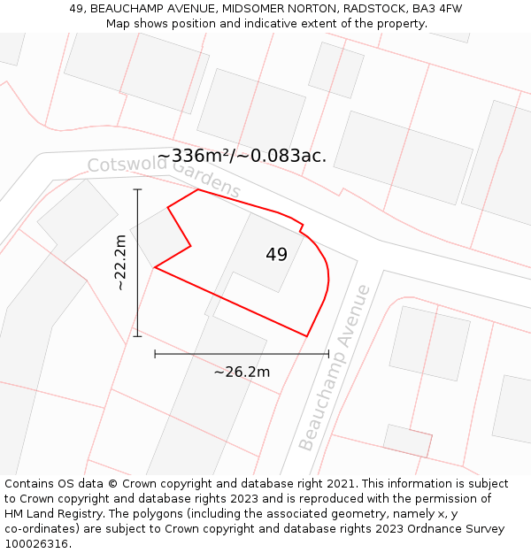 49, BEAUCHAMP AVENUE, MIDSOMER NORTON, RADSTOCK, BA3 4FW: Plot and title map