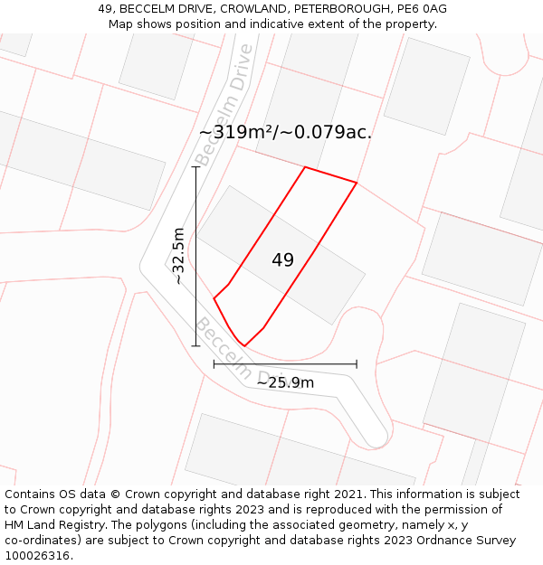 49, BECCELM DRIVE, CROWLAND, PETERBOROUGH, PE6 0AG: Plot and title map