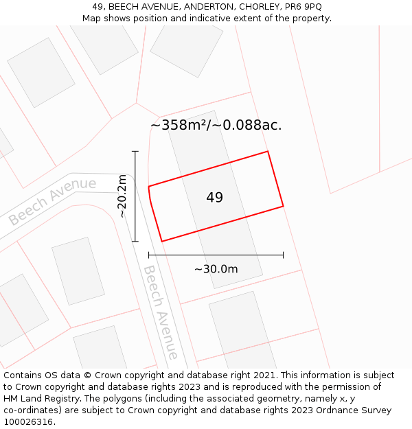 49, BEECH AVENUE, ANDERTON, CHORLEY, PR6 9PQ: Plot and title map