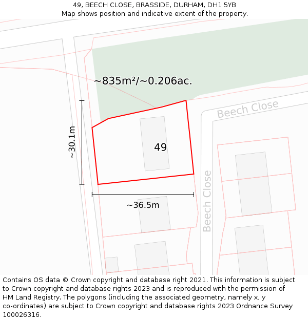49, BEECH CLOSE, BRASSIDE, DURHAM, DH1 5YB: Plot and title map