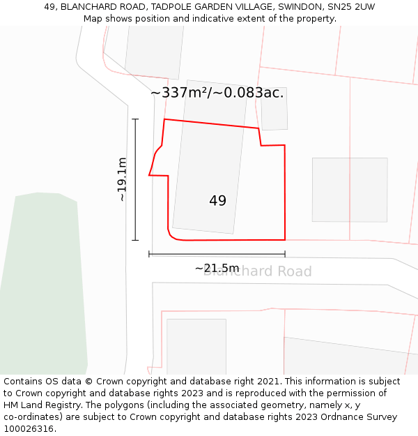 49, BLANCHARD ROAD, TADPOLE GARDEN VILLAGE, SWINDON, SN25 2UW: Plot and title map