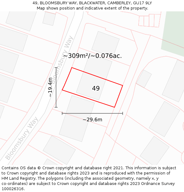 49, BLOOMSBURY WAY, BLACKWATER, CAMBERLEY, GU17 9LY: Plot and title map