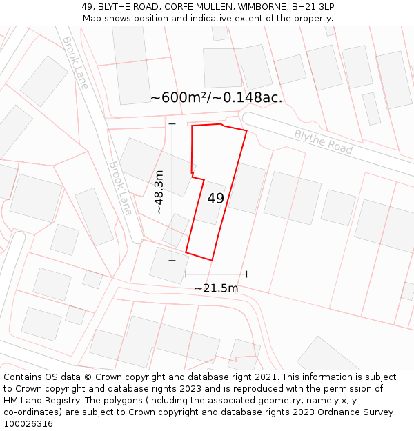 49, BLYTHE ROAD, CORFE MULLEN, WIMBORNE, BH21 3LP: Plot and title map