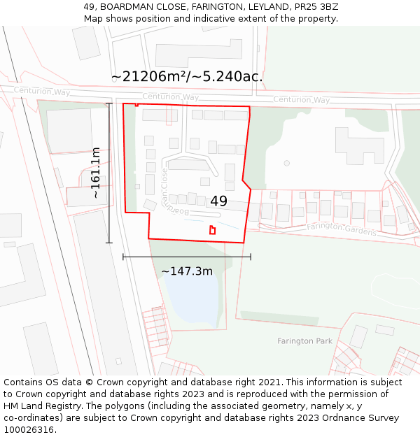 49, BOARDMAN CLOSE, FARINGTON, LEYLAND, PR25 3BZ: Plot and title map
