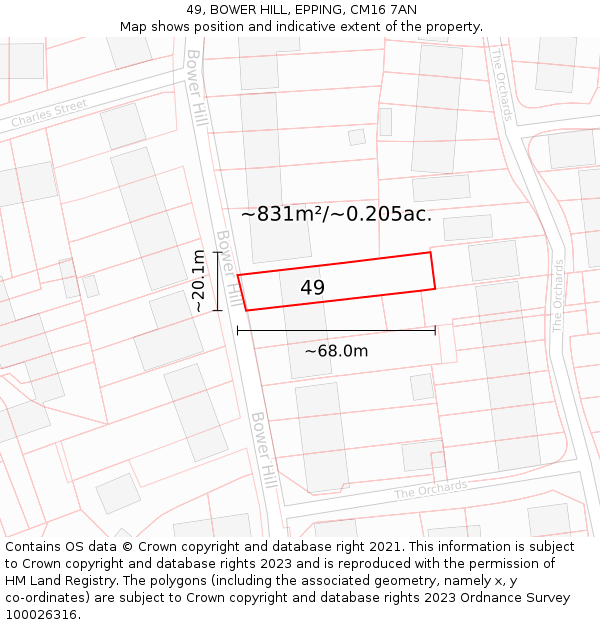 49, BOWER HILL, EPPING, CM16 7AN: Plot and title map
