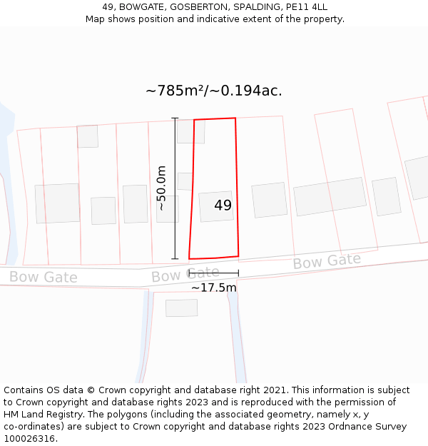 49, BOWGATE, GOSBERTON, SPALDING, PE11 4LL: Plot and title map