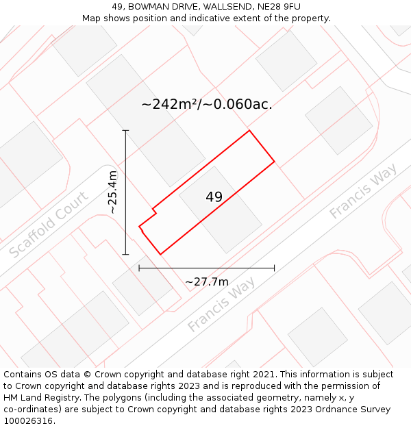 49, BOWMAN DRIVE, WALLSEND, NE28 9FU: Plot and title map