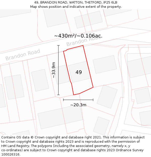 49, BRANDON ROAD, WATTON, THETFORD, IP25 6LB: Plot and title map