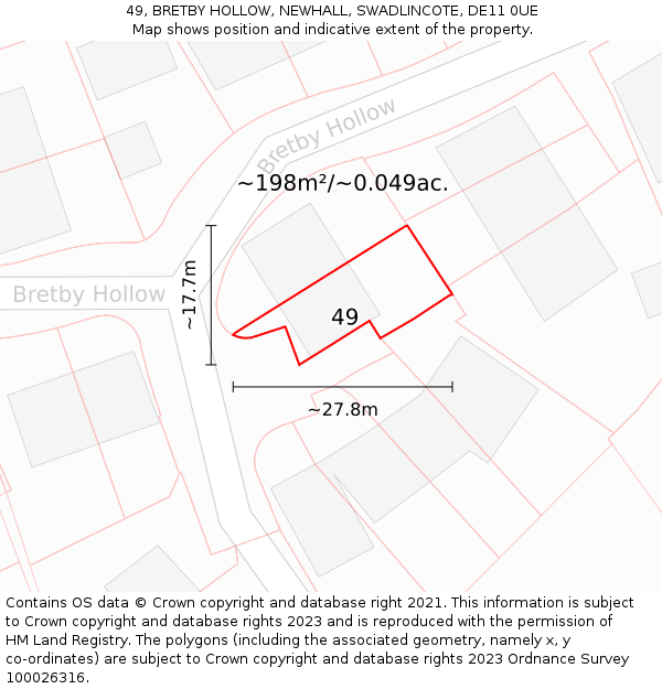 49, BRETBY HOLLOW, NEWHALL, SWADLINCOTE, DE11 0UE: Plot and title map