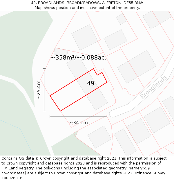 49, BROADLANDS, BROADMEADOWS, ALFRETON, DE55 3NW: Plot and title map