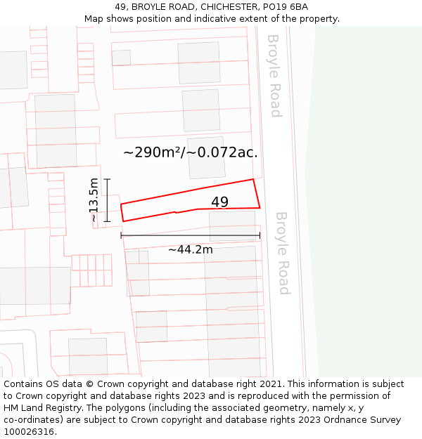 49, BROYLE ROAD, CHICHESTER, PO19 6BA: Plot and title map