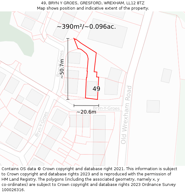 49, BRYN Y GROES, GRESFORD, WREXHAM, LL12 8TZ: Plot and title map
