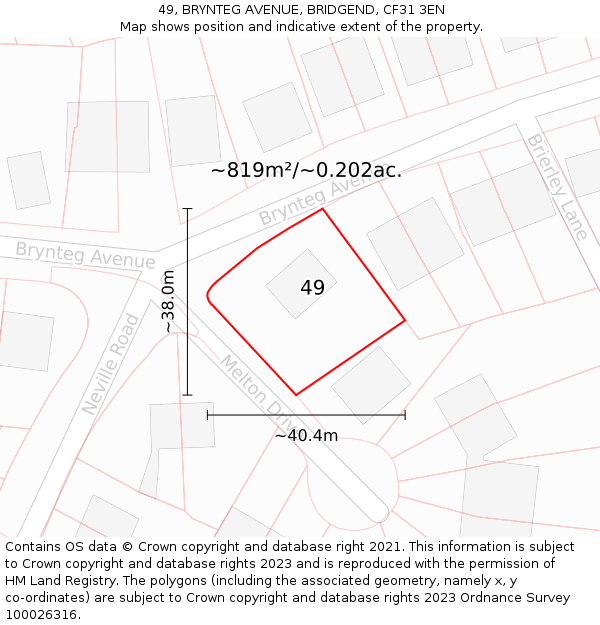 49, BRYNTEG AVENUE, BRIDGEND, CF31 3EN: Plot and title map