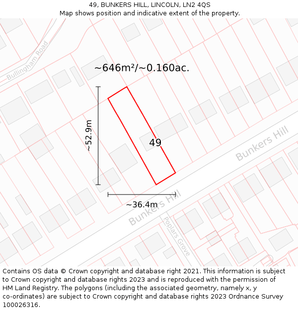 49, BUNKERS HILL, LINCOLN, LN2 4QS: Plot and title map