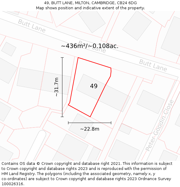 49, BUTT LANE, MILTON, CAMBRIDGE, CB24 6DG: Plot and title map