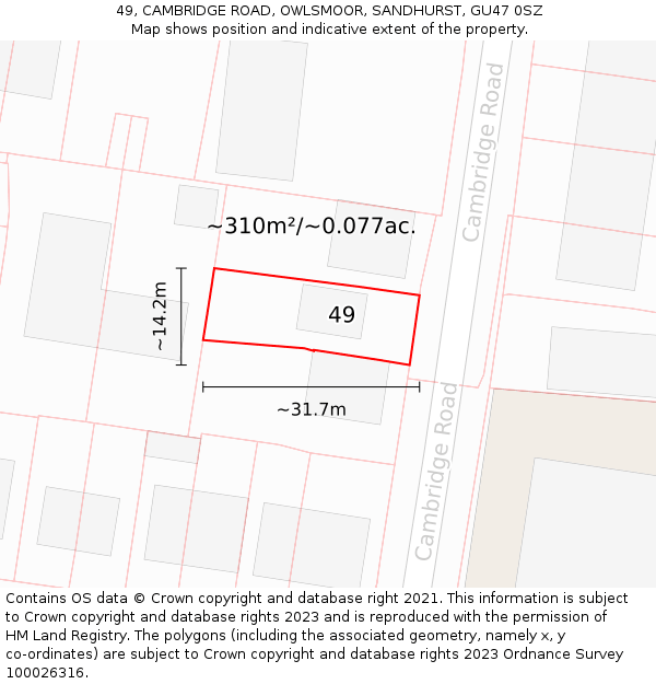 49, CAMBRIDGE ROAD, OWLSMOOR, SANDHURST, GU47 0SZ: Plot and title map