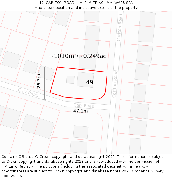 49, CARLTON ROAD, HALE, ALTRINCHAM, WA15 8RN: Plot and title map