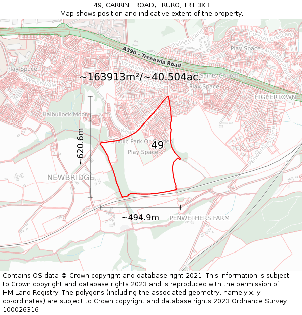 49, CARRINE ROAD, TRURO, TR1 3XB: Plot and title map