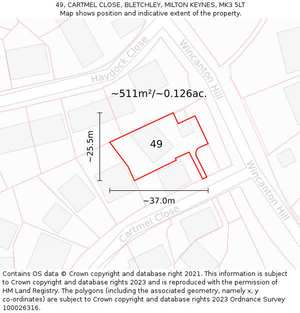 49, CARTMEL CLOSE, BLETCHLEY, MILTON KEYNES, MK3 5LT: Plot and title map