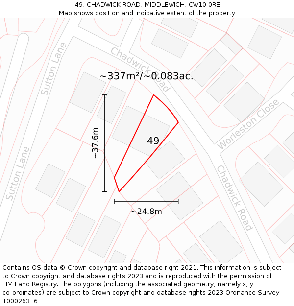 49, CHADWICK ROAD, MIDDLEWICH, CW10 0RE: Plot and title map