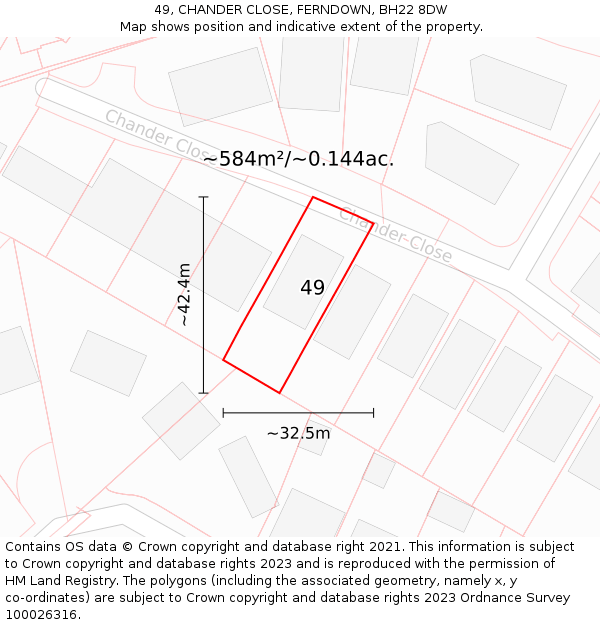49, CHANDER CLOSE, FERNDOWN, BH22 8DW: Plot and title map