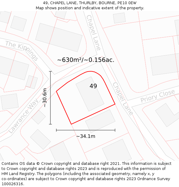 49, CHAPEL LANE, THURLBY, BOURNE, PE10 0EW: Plot and title map