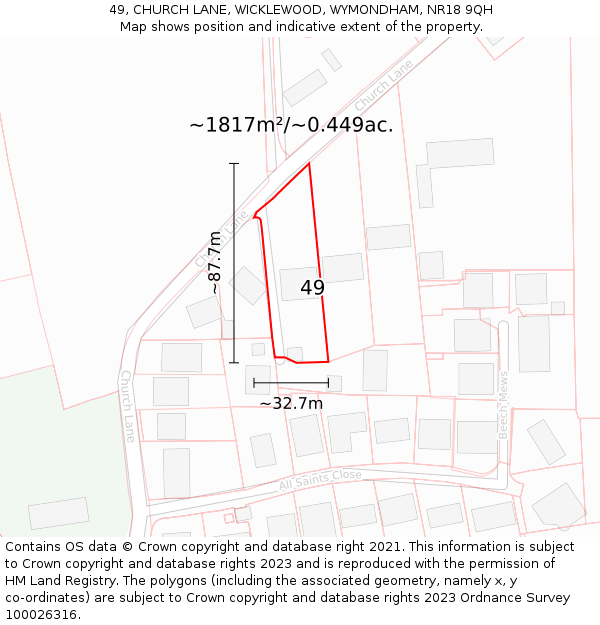 49, CHURCH LANE, WICKLEWOOD, WYMONDHAM, NR18 9QH: Plot and title map