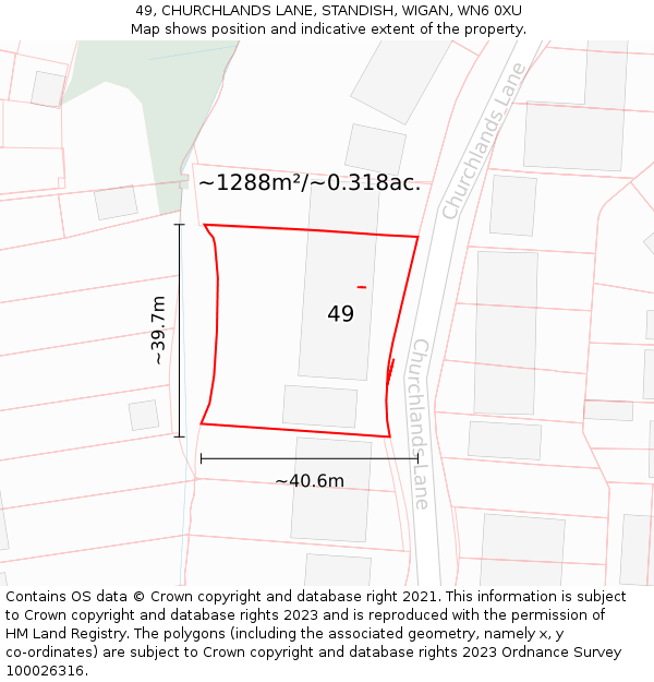 49, CHURCHLANDS LANE, STANDISH, WIGAN, WN6 0XU: Plot and title map