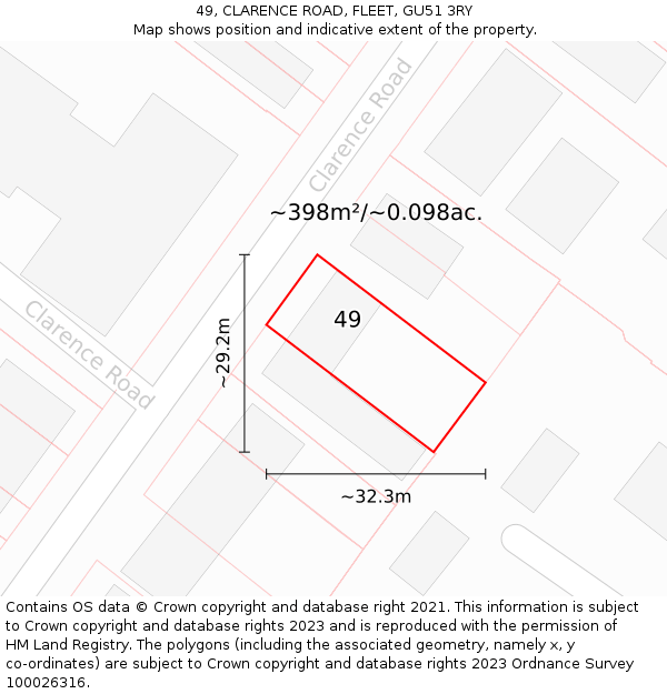 49, CLARENCE ROAD, FLEET, GU51 3RY: Plot and title map