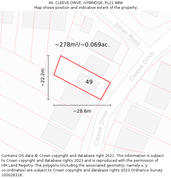 49, CLEEVE DRIVE, IVYBRIDGE, PL21 9BW: Plot and title map