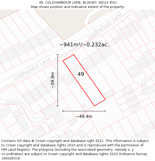 49, COLDHARBOUR LANE, BUSHEY, WD23 4NU: Plot and title map