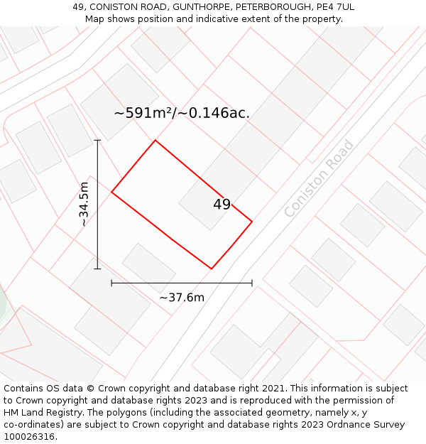 49, CONISTON ROAD, GUNTHORPE, PETERBOROUGH, PE4 7UL: Plot and title map