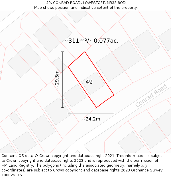 49, CONRAD ROAD, LOWESTOFT, NR33 8QD: Plot and title map