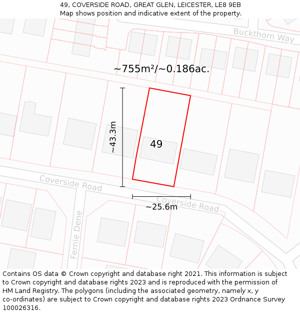 49, COVERSIDE ROAD, GREAT GLEN, LEICESTER, LE8 9EB: Plot and title map