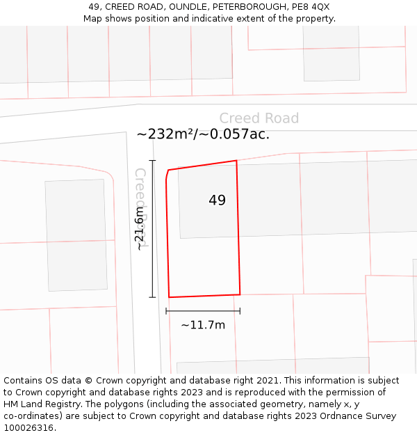 49, CREED ROAD, OUNDLE, PETERBOROUGH, PE8 4QX: Plot and title map