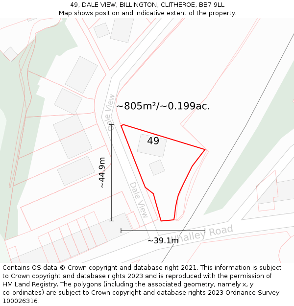 49, DALE VIEW, BILLINGTON, CLITHEROE, BB7 9LL: Plot and title map