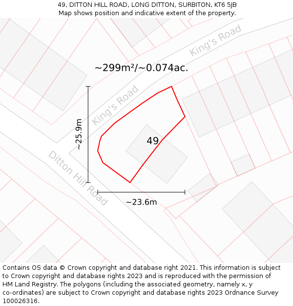 49, DITTON HILL ROAD, LONG DITTON, SURBITON, KT6 5JB: Plot and title map