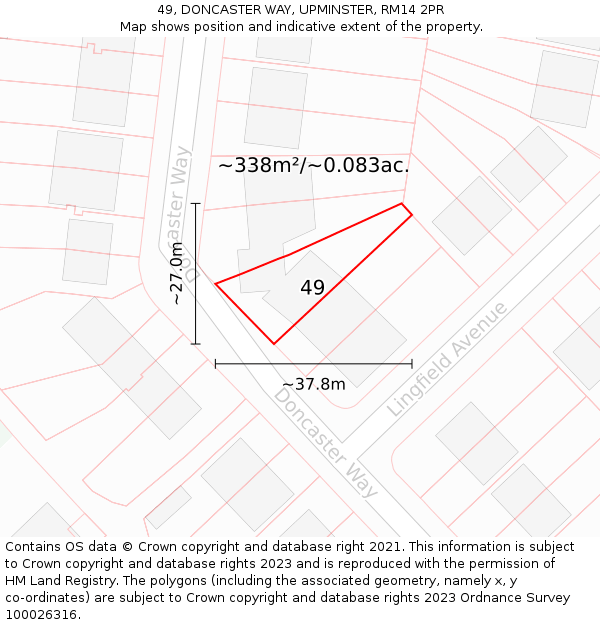 49, DONCASTER WAY, UPMINSTER, RM14 2PR: Plot and title map