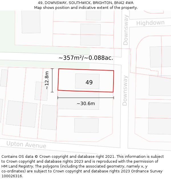 49, DOWNSWAY, SOUTHWICK, BRIGHTON, BN42 4WA: Plot and title map