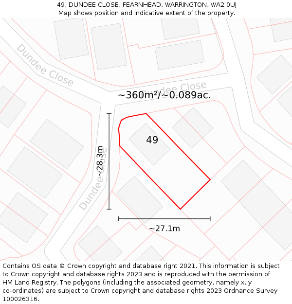 49, DUNDEE CLOSE, FEARNHEAD, WARRINGTON, WA2 0UJ: Plot and title map