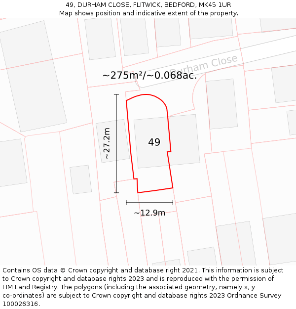 49, DURHAM CLOSE, FLITWICK, BEDFORD, MK45 1UR: Plot and title map