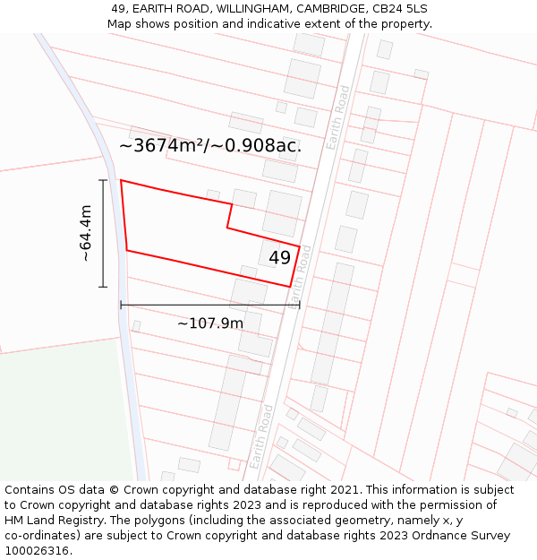 49, EARITH ROAD, WILLINGHAM, CAMBRIDGE, CB24 5LS: Plot and title map