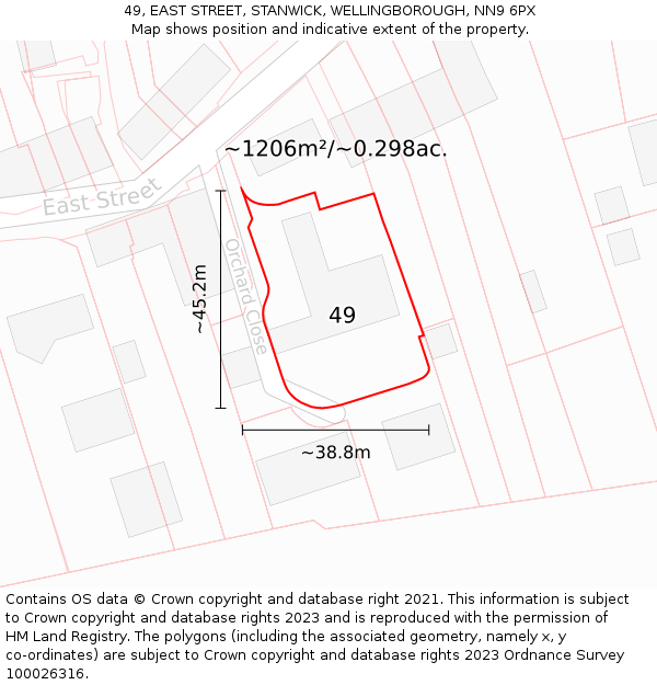 49, EAST STREET, STANWICK, WELLINGBOROUGH, NN9 6PX: Plot and title map