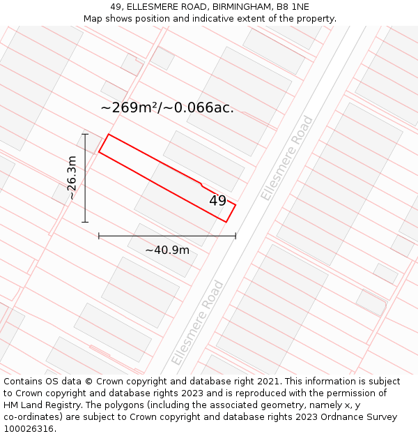 49, ELLESMERE ROAD, BIRMINGHAM, B8 1NE: Plot and title map